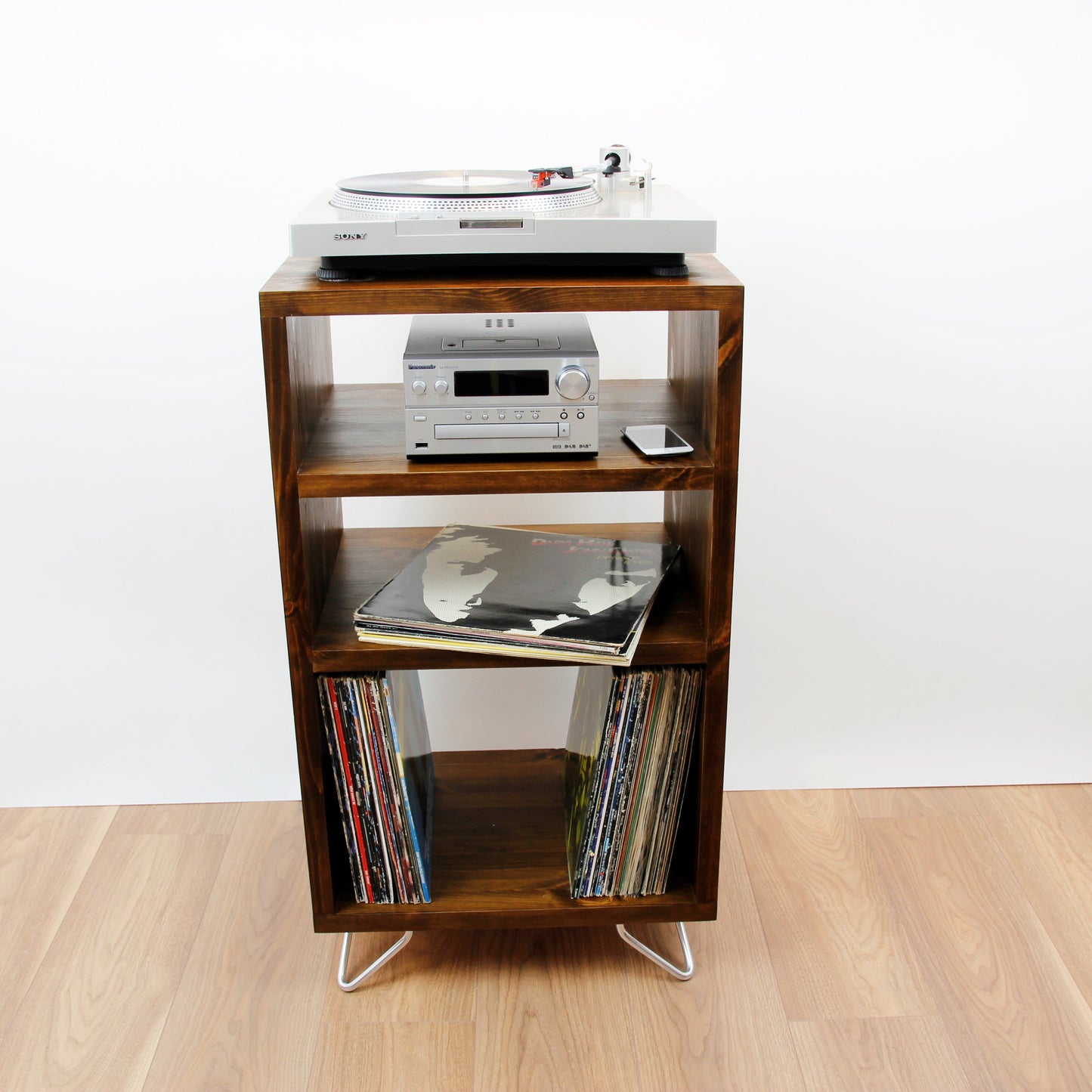Tower‑Style Record Player Stand & Vinyl Storage Cabinet | Solid Wood Media Tower