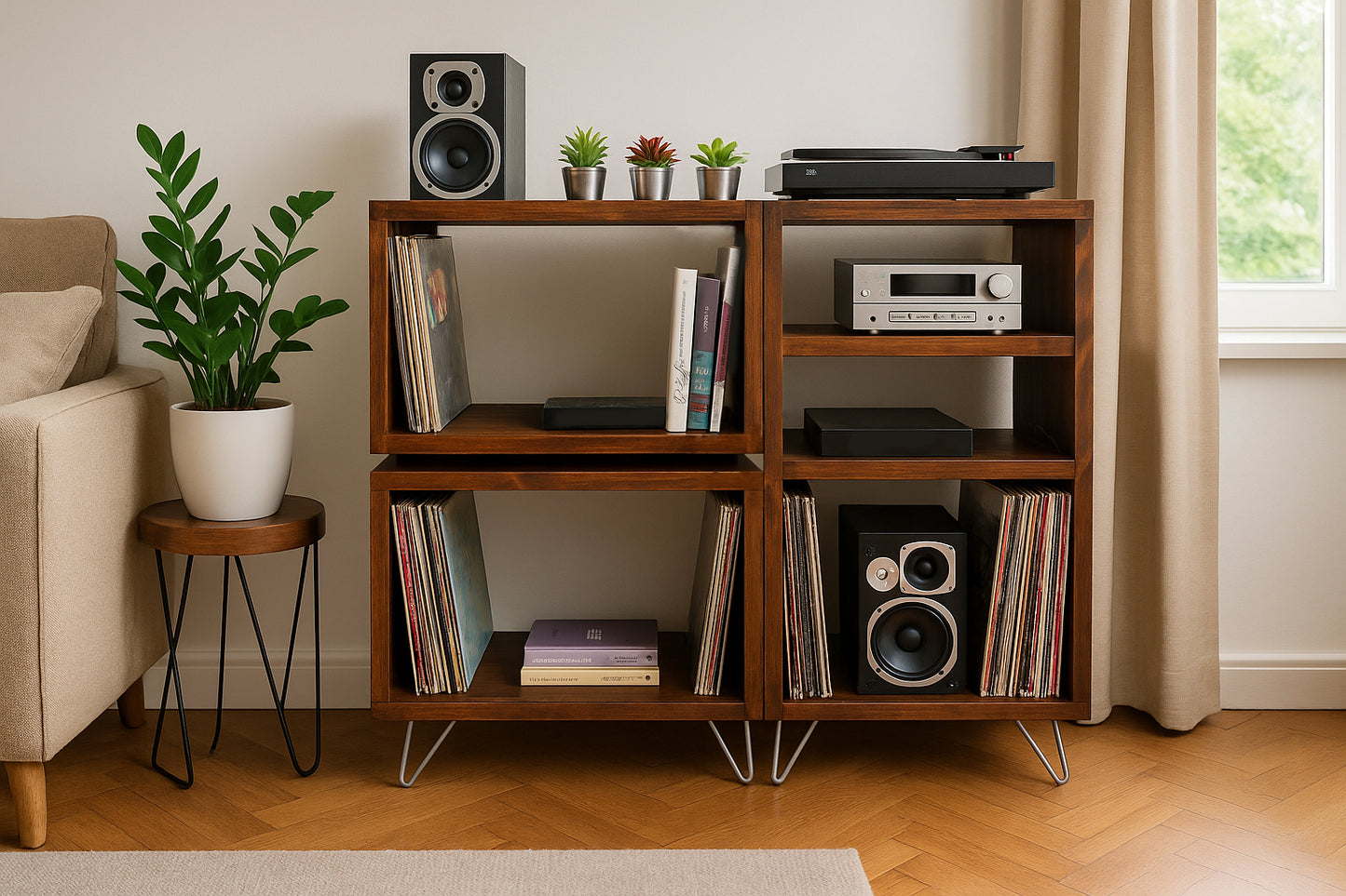 Rustic Industrial Vinyl Record Player Stand & Storage Cabinet
