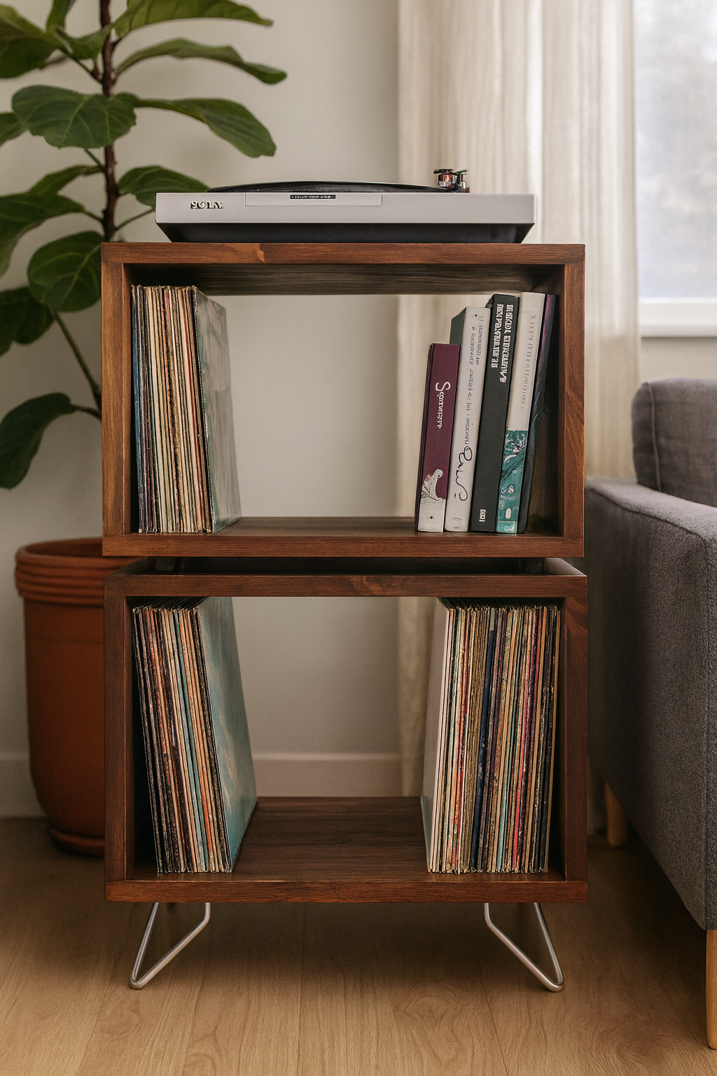 Double‑Decker Record Storage Stand | Solid Wood Media Cabinet