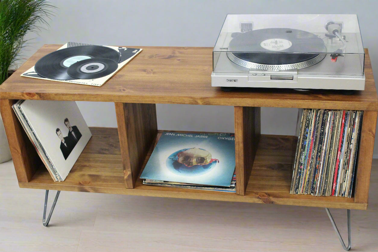 Industrial Wood Record Stand & Vinyl Cabinet | TV Unit with Hairpin Legs