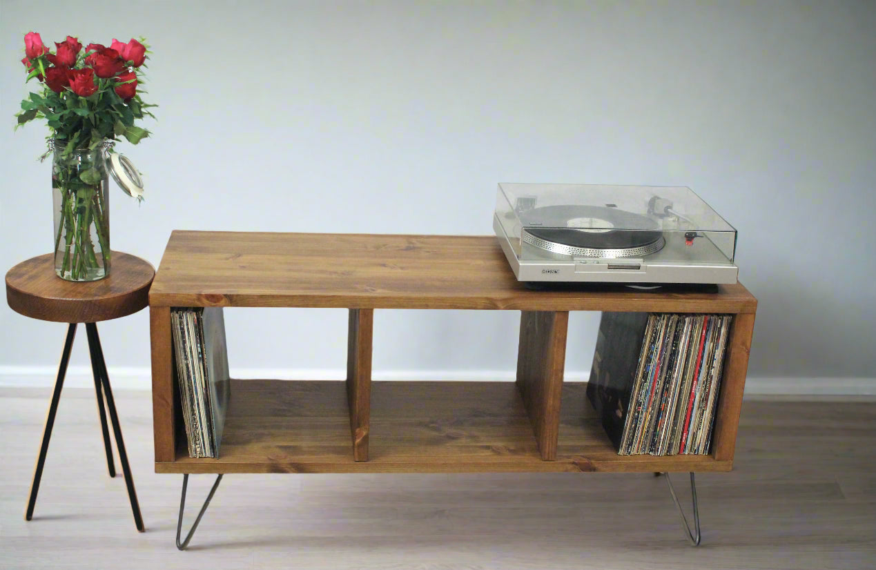 Industrial Wood Record Stand & Vinyl Cabinet | TV Unit with Hairpin Legs
