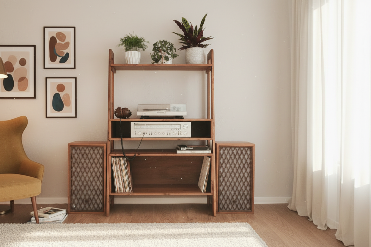 Ladder-Style Media Storage Stand | Two-Level Solid Wood Shelf