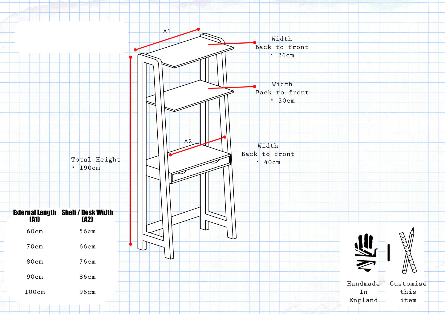 Ladder‑Style Modular Wooden Desk | Solid Wood Shelves & Drawer
