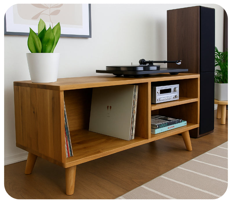 Custom Solid Wood Record Player Stand with Shelves