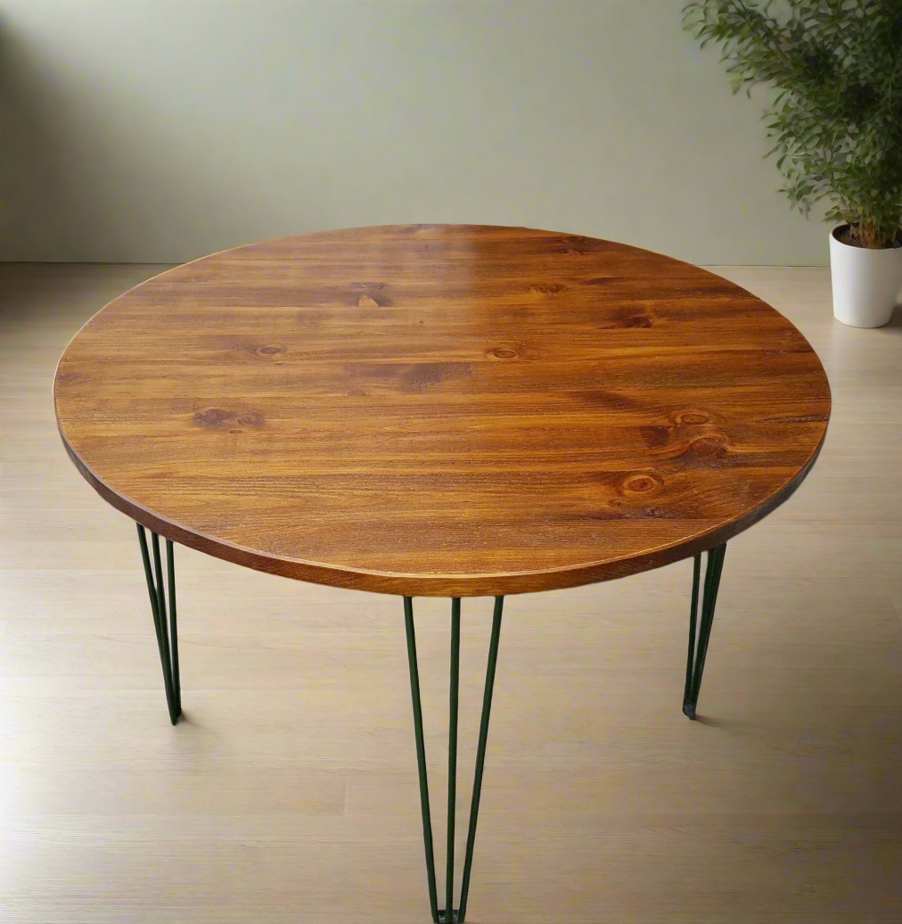 Rustic Industrial Round Dining Table | Solid Wood with Hairpin Legs