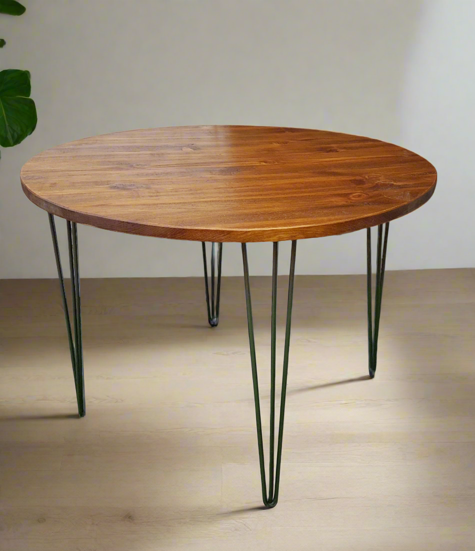 Rustic Industrial Round Dining Table | Solid Wood with Hairpin Legs