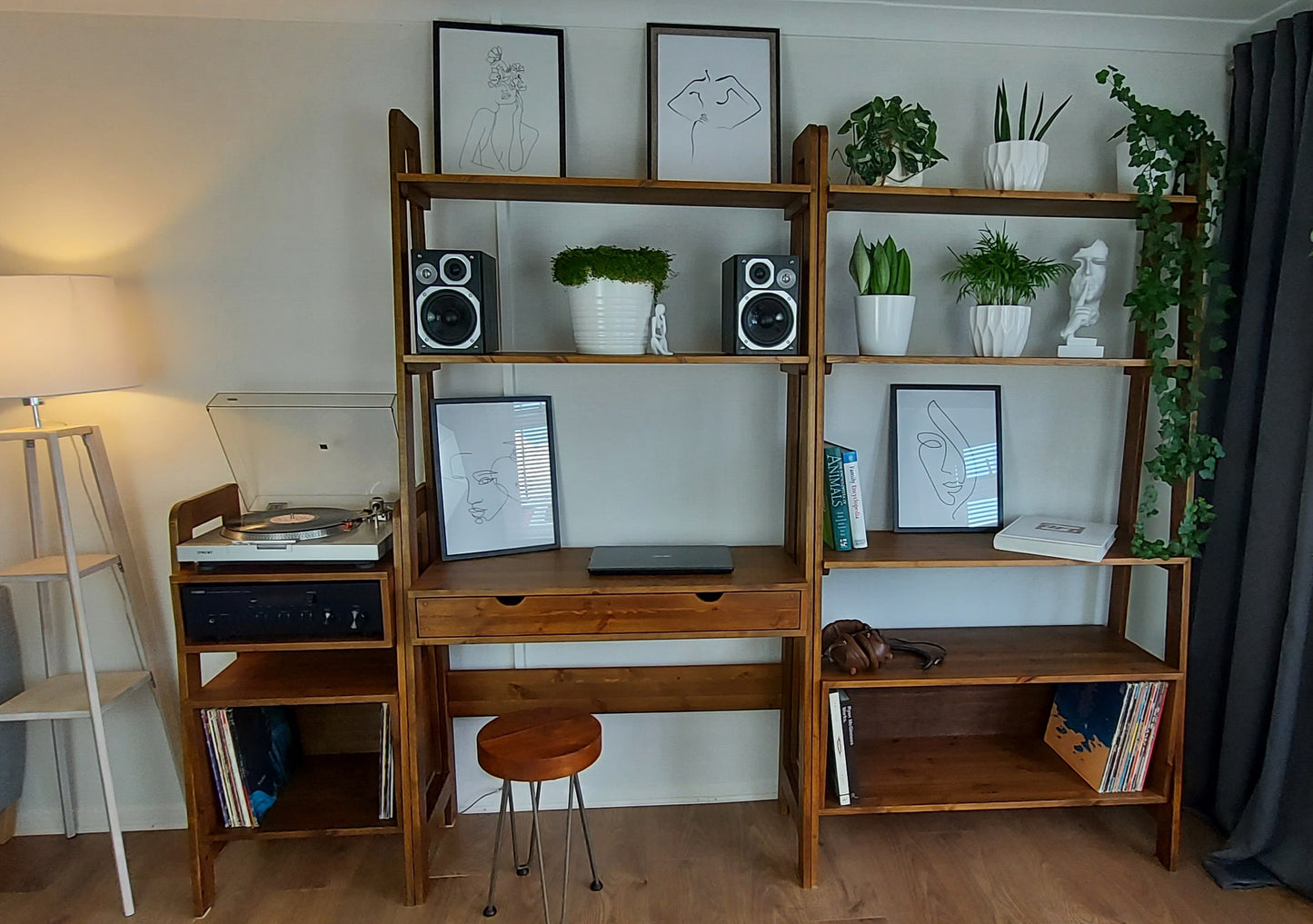 Wooden Freestanding Mid-Century Modern Wall Unit with AMP and Vinyl Storage COLOUR FURNITURE
