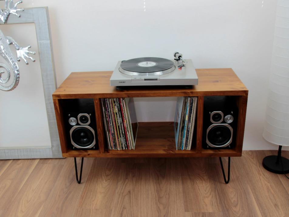 Industrial Solid Wood Record Stand Vinyl Storage Cabinet TV Music Unit- Side Sections