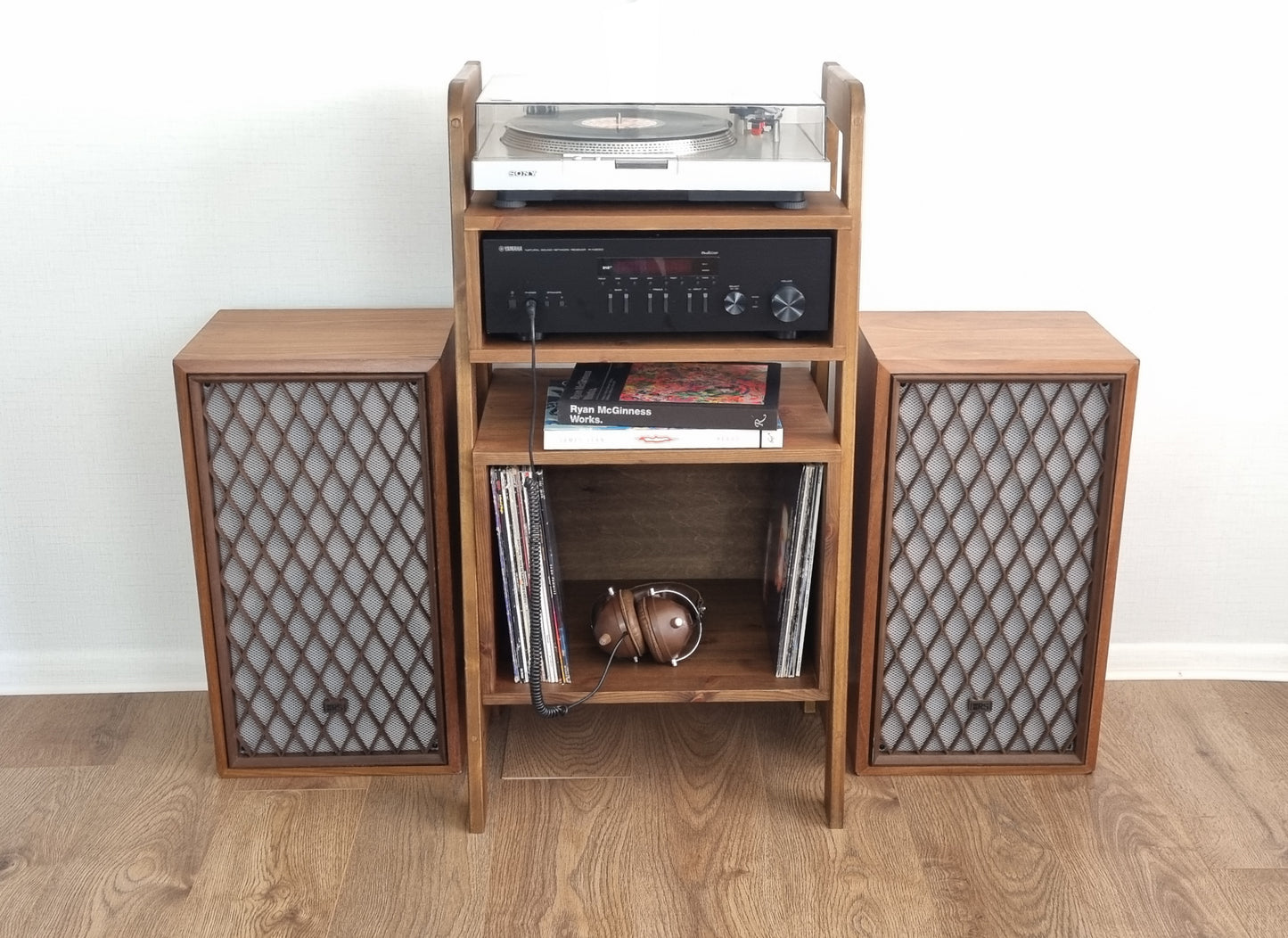 Wooden Freestanding Mid-Century Modern Wall Unit with AMP and Vinyl Storage COLOUR FURNITURE