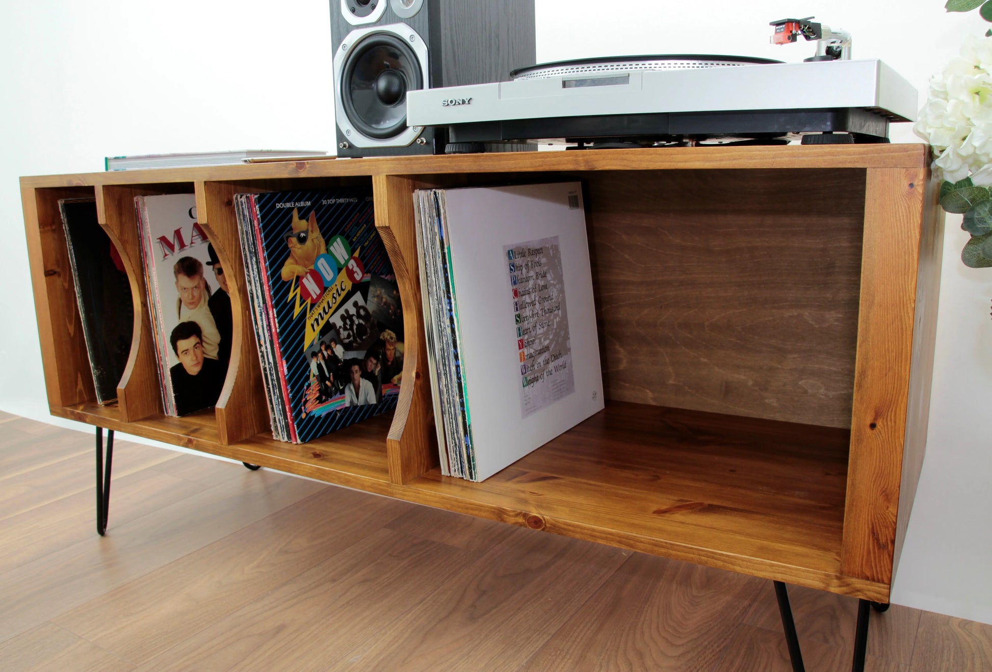 Wooden Industrial Record Player Stand, Record Storage Cabinet, TV Stand with Metal Hairpin Legs COLOURLIMITED