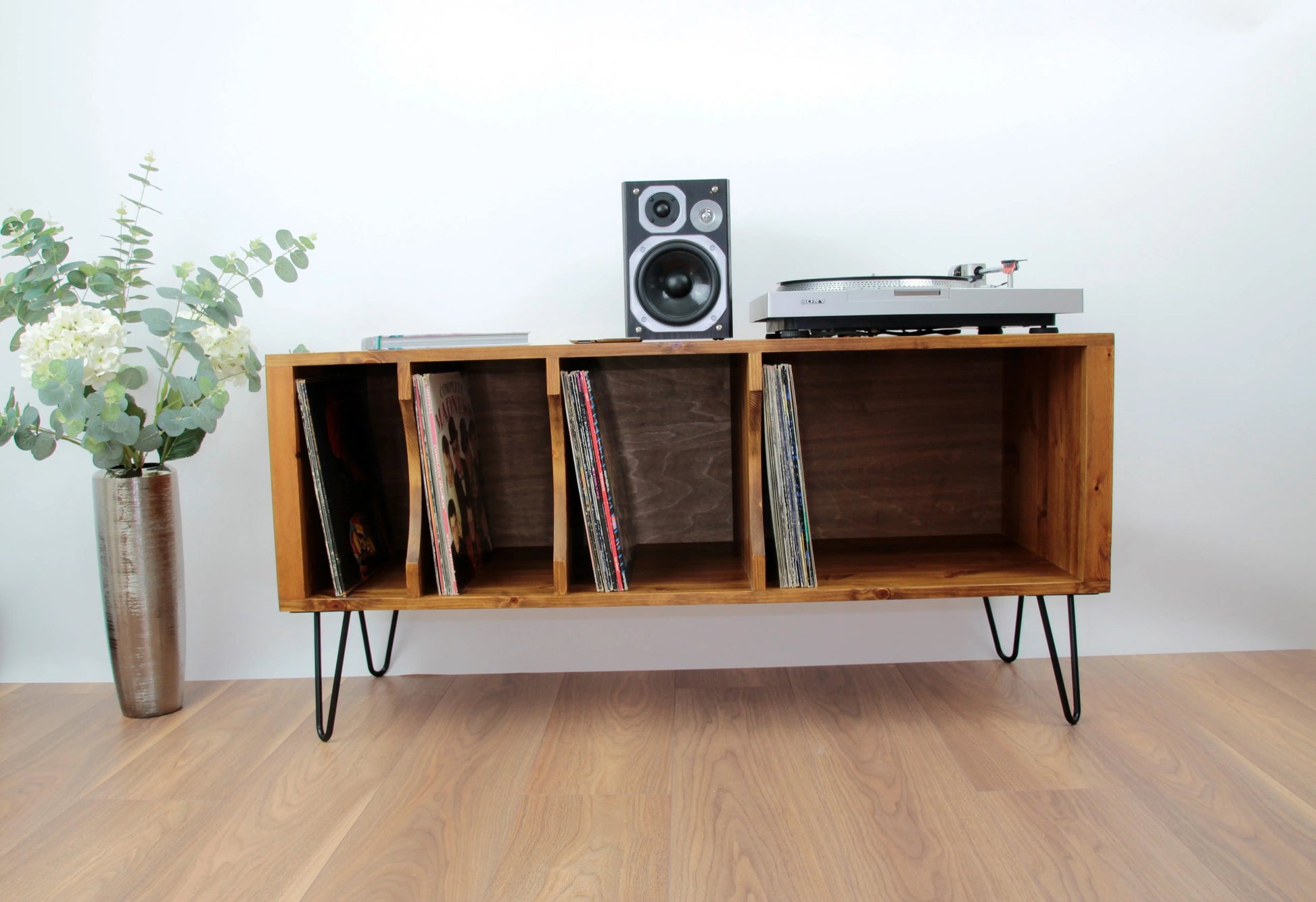Wooden Industrial Record Player Stand, Record Storage Cabinet, TV Stand with Metal Hairpin Legs COLOURLIMITED