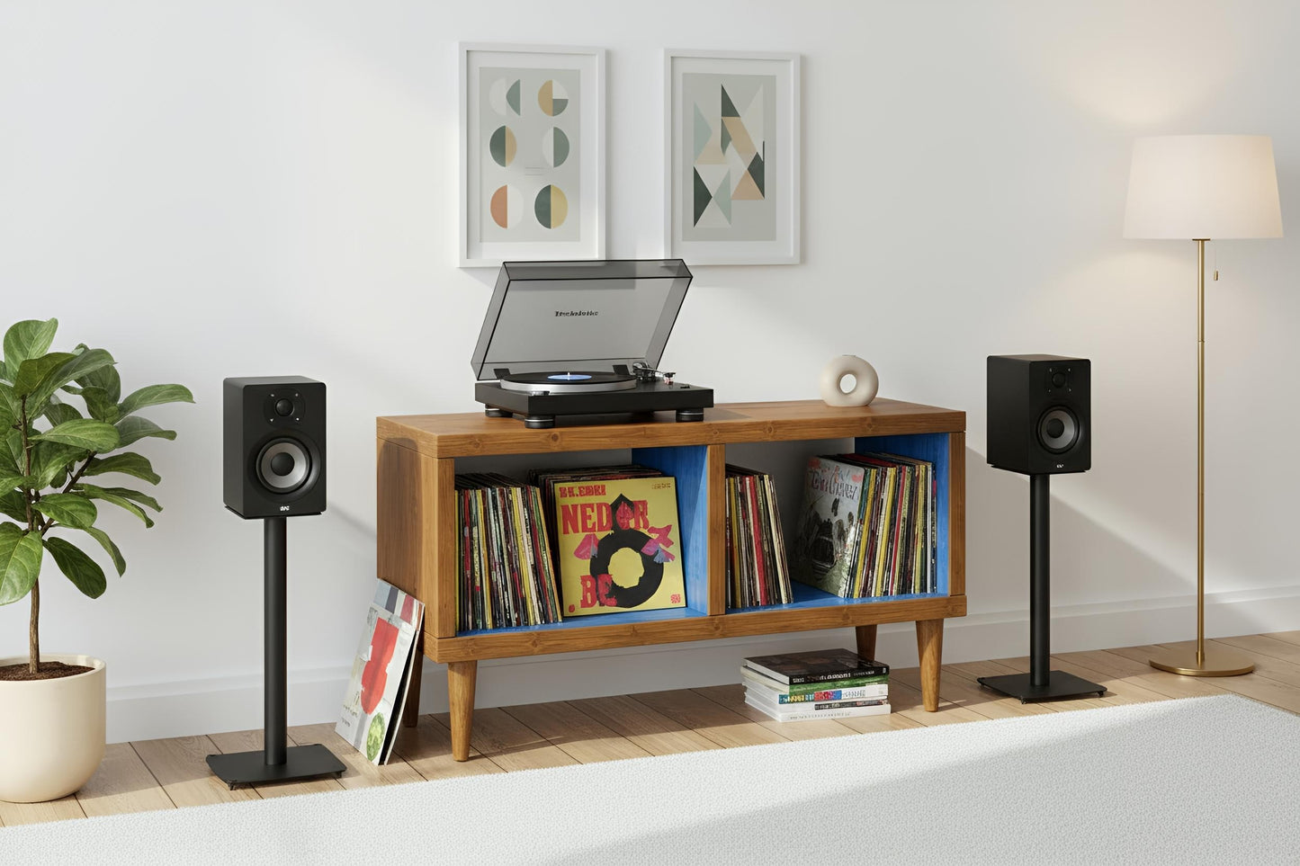 Two-Tone Solid Wood Record Player Stand | Colourful Vinyl Storage Cabinet