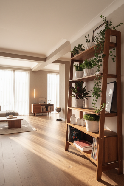 Mid‑Century Ladder Media Stand with Shelves | Solid Wood Wall Unit
