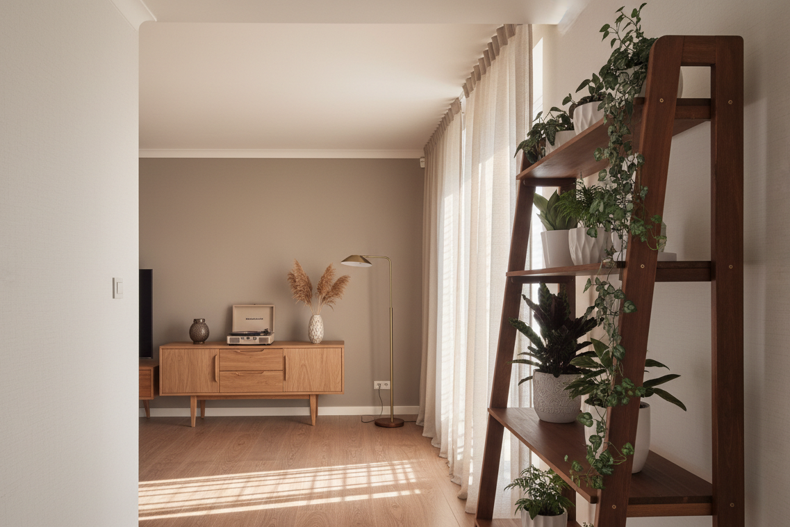 Mid‑Century Ladder Media Stand with Shelves | Solid Wood Wall Unit