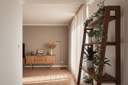 Mid‑Century Ladder Media Stand with Shelves | Solid Wood Wall Unit