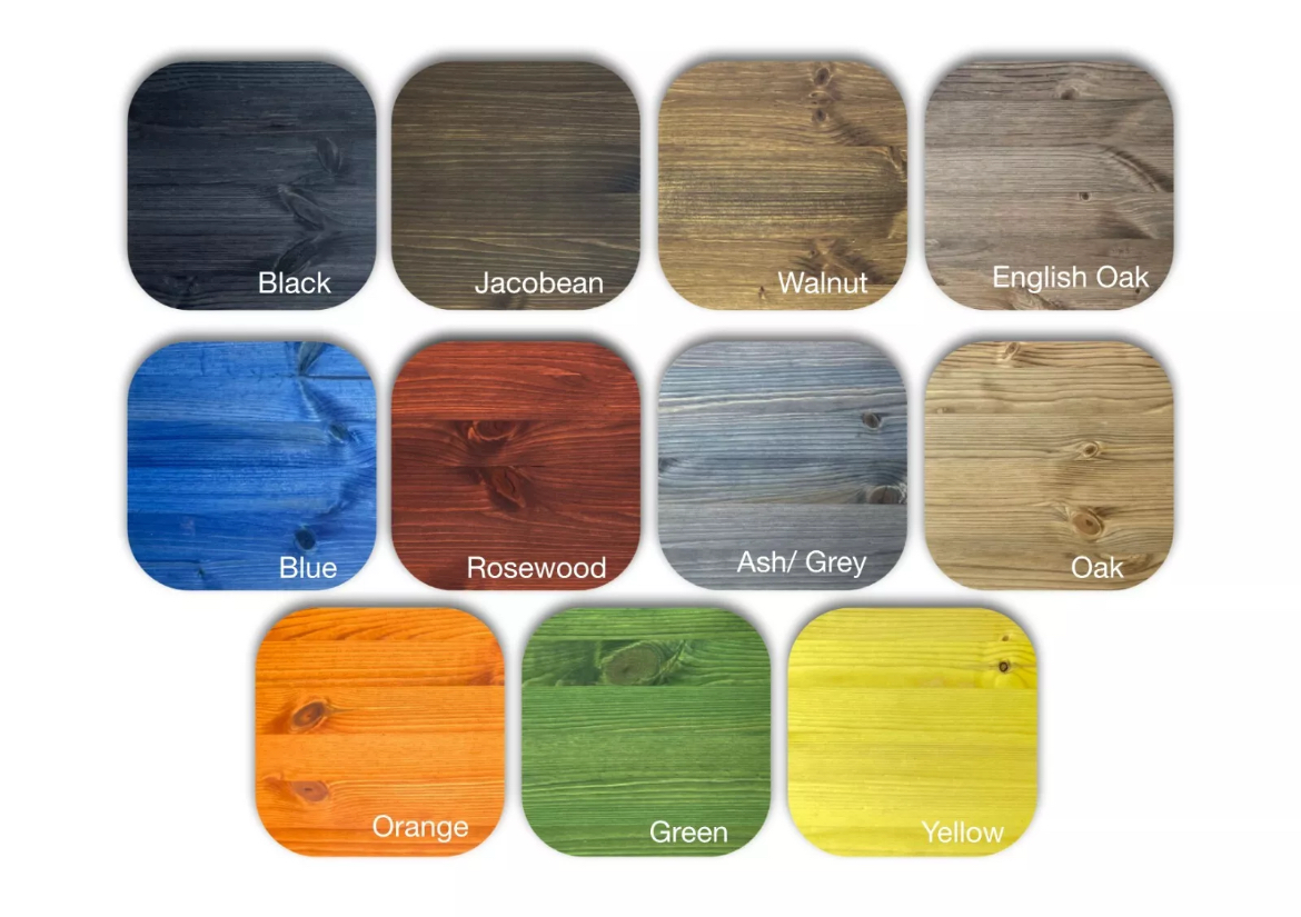 Color swatches of wood finishes with labels on a white background