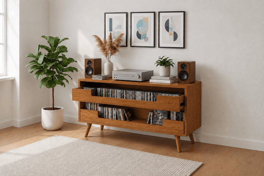 Mid-Century Modern CD Storage Media Console | Wooden Entertainment Cabinet with Dual Storage Drawers