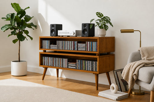 A mid-century modern wooden media console with open shelves and tapered legs, styled in a bright living room with plants, speakers, a lamp, and a chair.