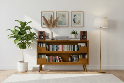 Mid-Century Modern CD Storage Media Console | Wooden Entertainment Cabinet with Dual Storage Drawers