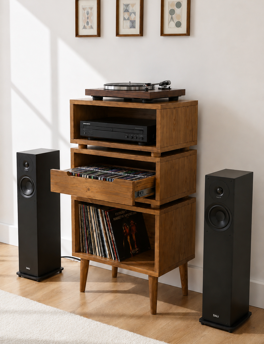 A mid-century modern wooden media console with a pull-out drawer, styled in a living room setting with a turntable, DVD player, vinyl records, and two black floor speakers on either side.