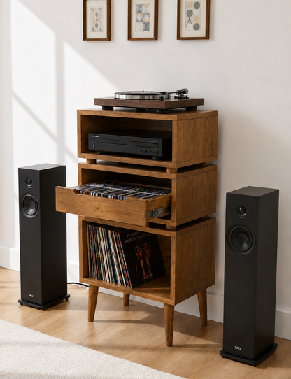 A mid-century modern wooden media console with a pull-out drawer, styled in a living room setting with a turntable, DVD player, vinyl records, and two black floor speakers on either side.