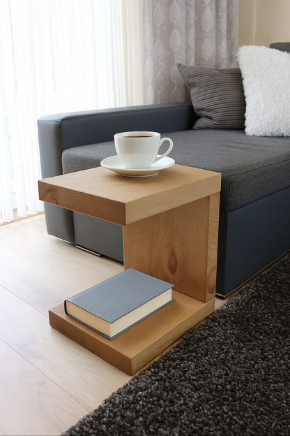 Wooden side table with a book and coffee cup on a gray sofa
