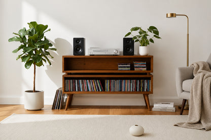 A mid-century modern wooden media console styled in a bright living room with plants, speakers, a record player, a floor lamp, and a light gray armchair.