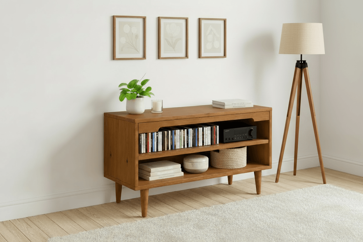 Mid-Century Modern CD Storage Cabinet with Open Shelves