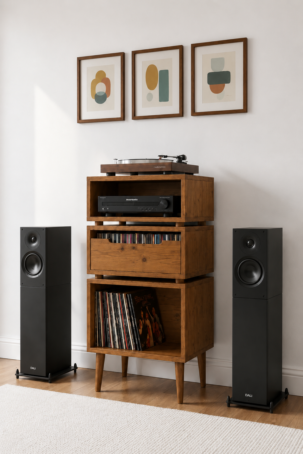 A mid-century modern wooden media console with a turntable and receiver on top, flanked by two black speakers in a styled room setting.