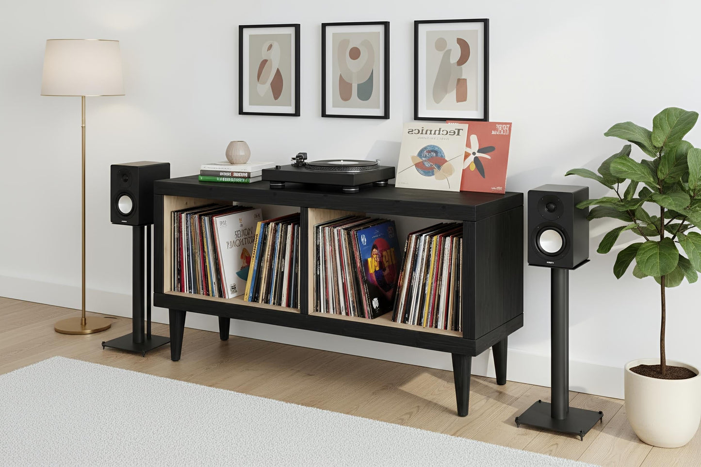 Two-Tone Solid Wood Record Player Stand | Colourful Vinyl Storage Cabinet