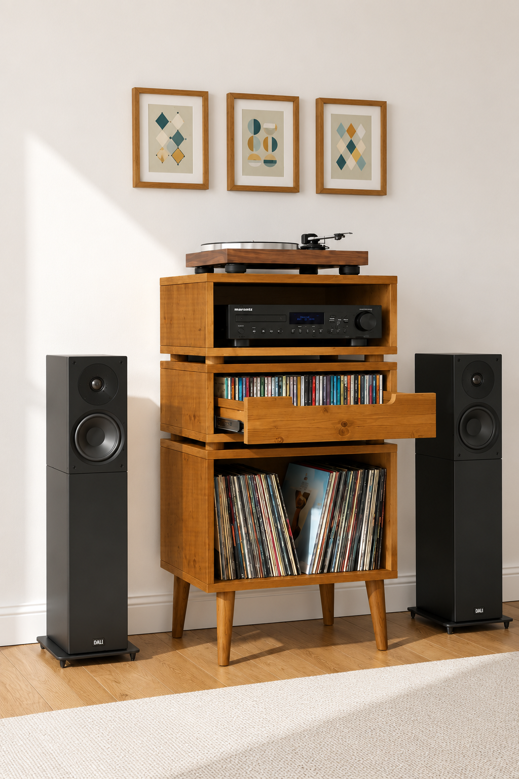 A mid-century modern wooden media console with a turntable and audio equipment, flanked by two black floorstanding speakers in a styled room setting.
