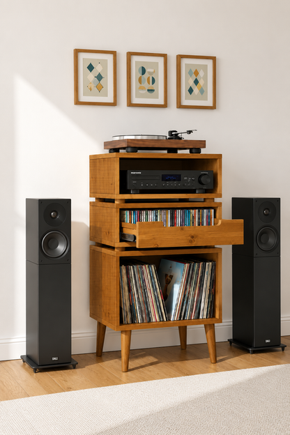 A mid-century modern wooden media console with a turntable and audio equipment, flanked by two black floorstanding speakers in a styled room setting.