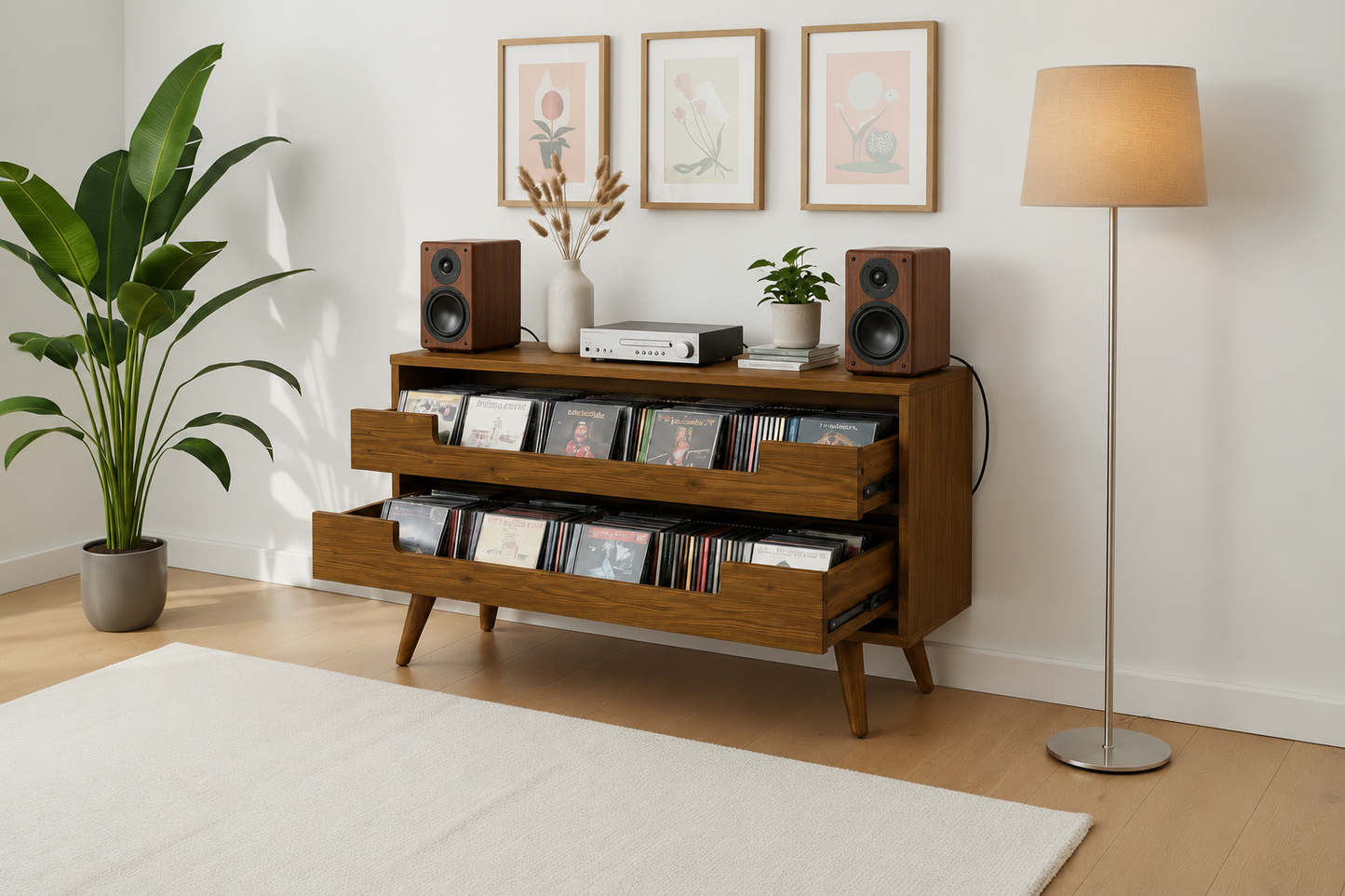 Mid-Century Modern CD Storage Media Console | Wooden Entertainment Cabinet with Dual Storage Drawers