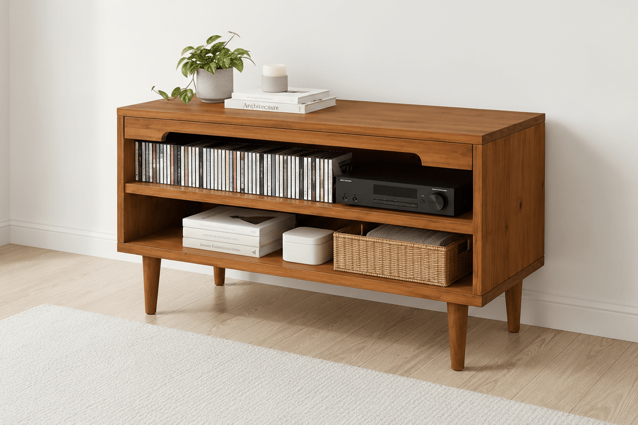 Mid-Century Modern CD Storage Cabinet with Open Shelves