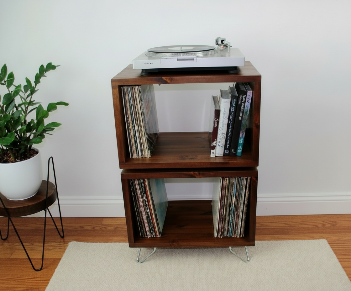 Double‑Decker Record Storage Stand | Solid Wood Media Cabinet