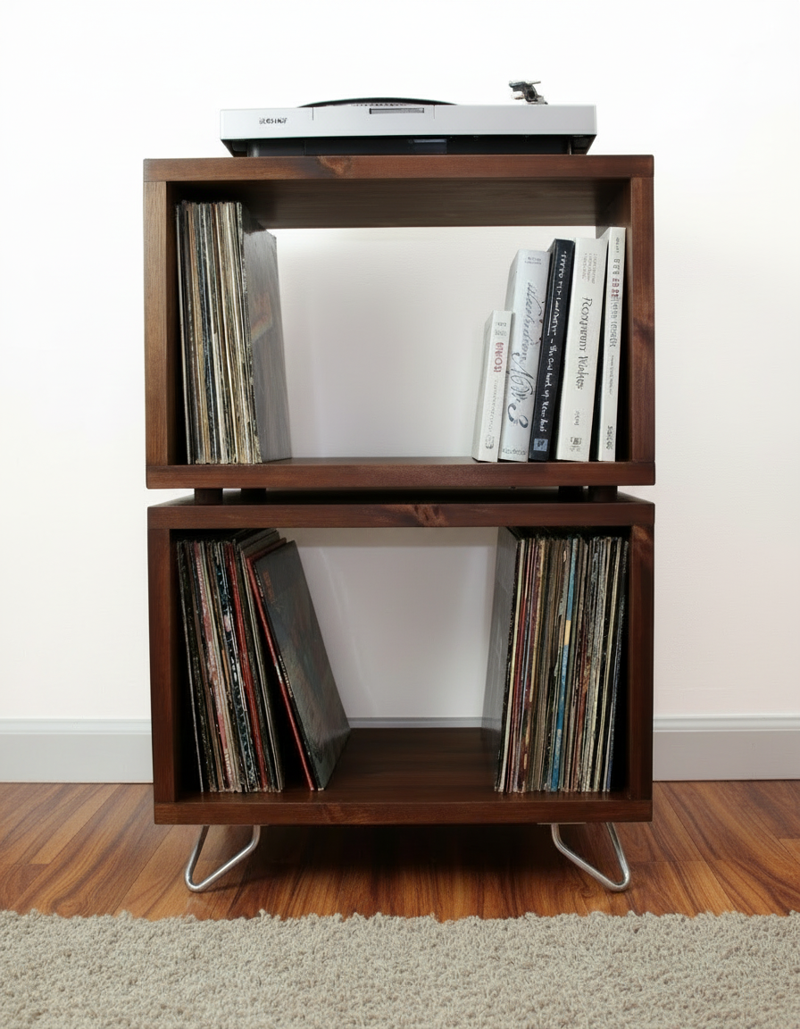 Double‑Decker Record Storage Stand | Solid Wood Media Cabinet