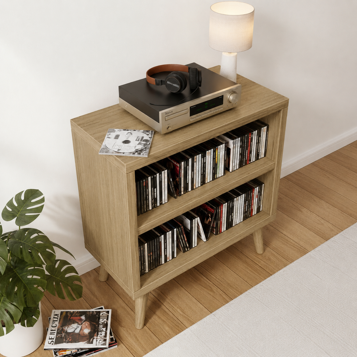 Mid-Century Modern CD Storage Cabinet – Wooden Media Storage Unit with 2 Shelves