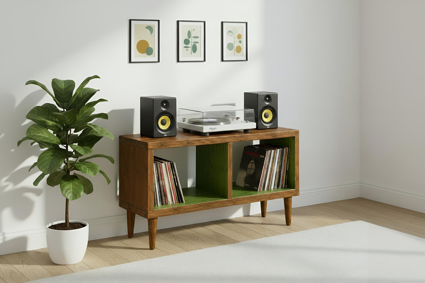 Two-Tone Solid Wood Record Player Stand | Colourful Vinyl Storage Cabinet