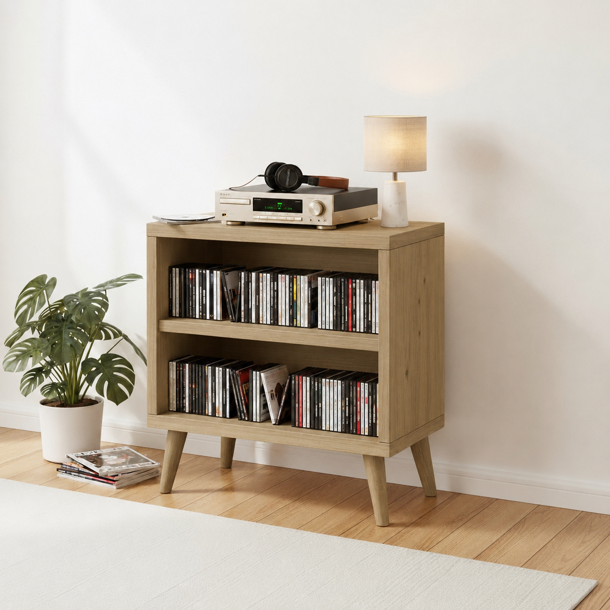 Mid-Century Modern CD Storage Cabinet – Wooden Media Storage Unit with 2 Shelves