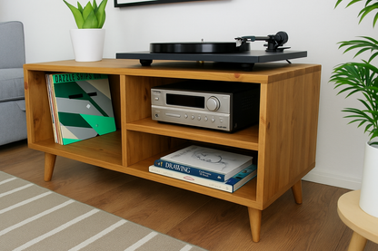 Round Wooden Record Player Stand with Shelves | Handmade Vinyl Storage Cabinet