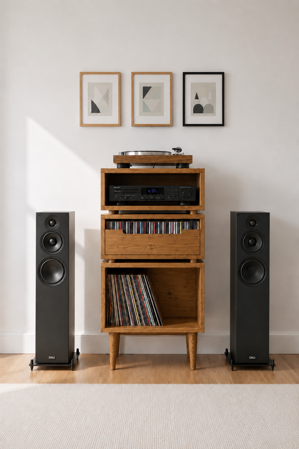 A wooden record rack cabinet with a turntable on top, CD tray, open shelf with vinyl records, and a receiver in the middle, flanked by two black floorstanding speakers against a white wall.