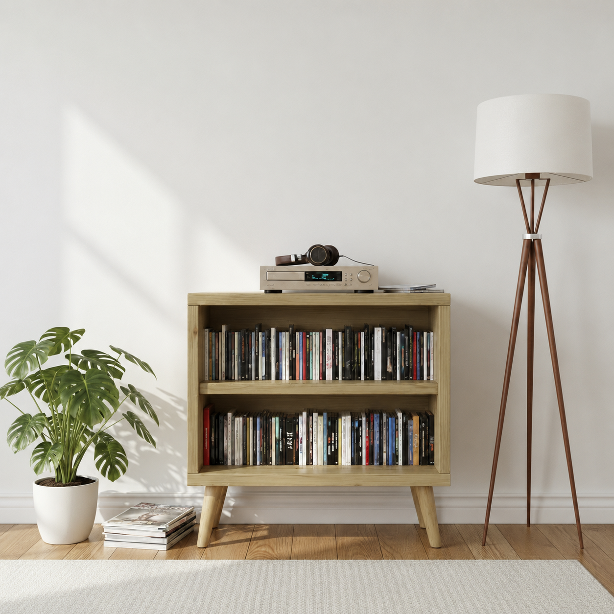 Mid-Century Modern CD Storage Cabinet – Wooden Media Storage Unit with 2 Shelves