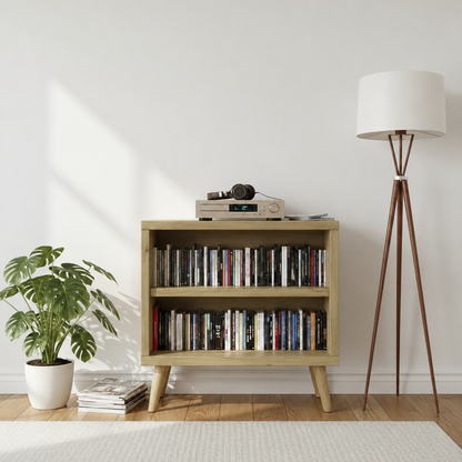 Mid-Century Modern CD Storage Cabinet – Wooden Media Storage Unit with 2 Shelves