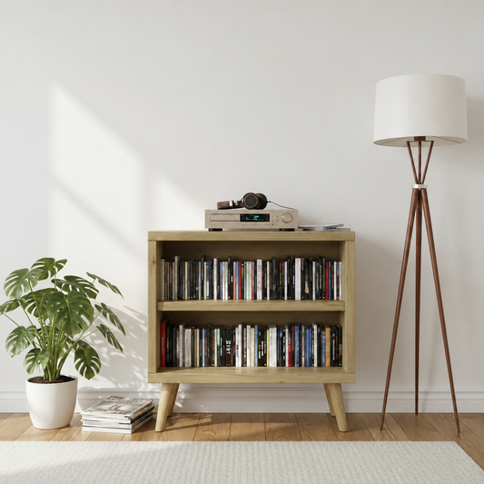 Mid-Century Modern CD Storage Cabinet – Wooden Media Storage Unit with 2 Shelves