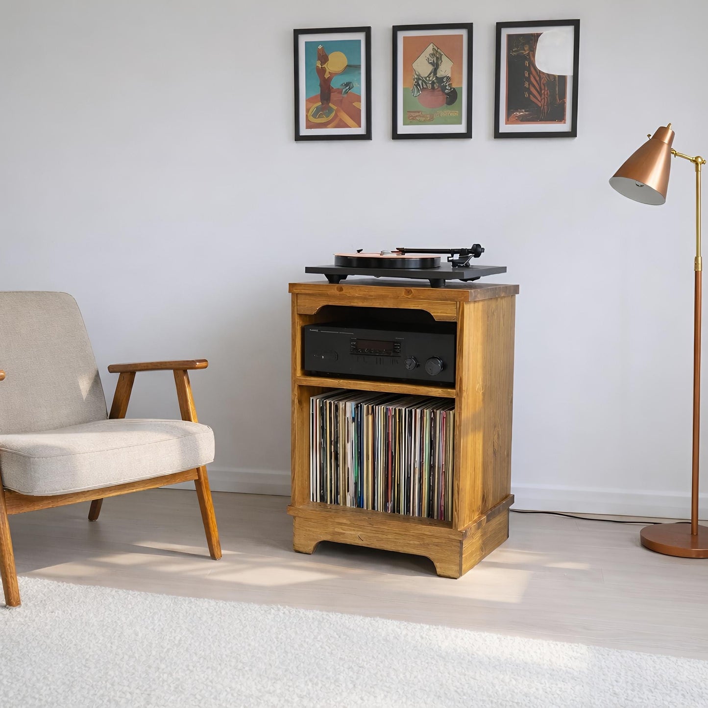 Solid Wood Turntable Stand with Vinyl Storage & Hi-Fi Shelf – Custom Colours, UK-Made