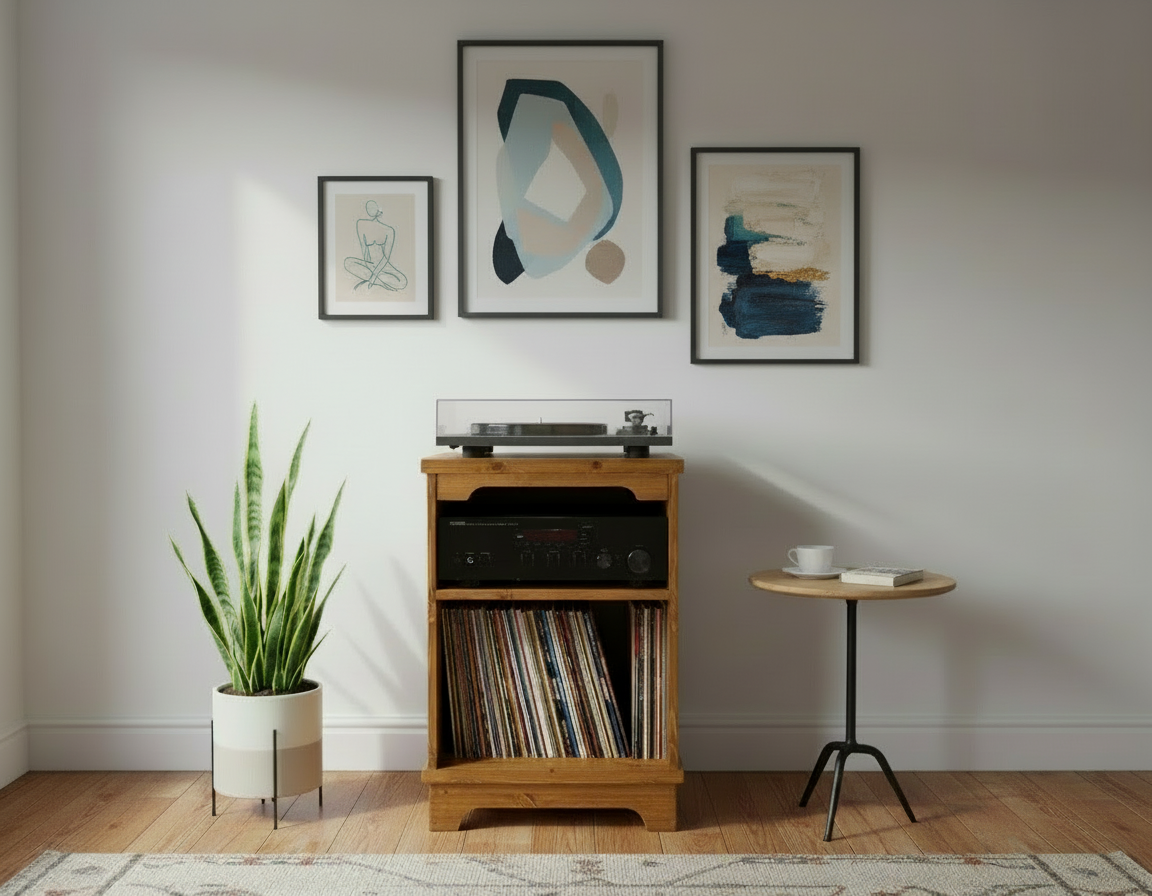 Solid Wood Turntable Stand with Vinyl Storage & Hi-Fi Shelf – Custom Colours, UK-Made