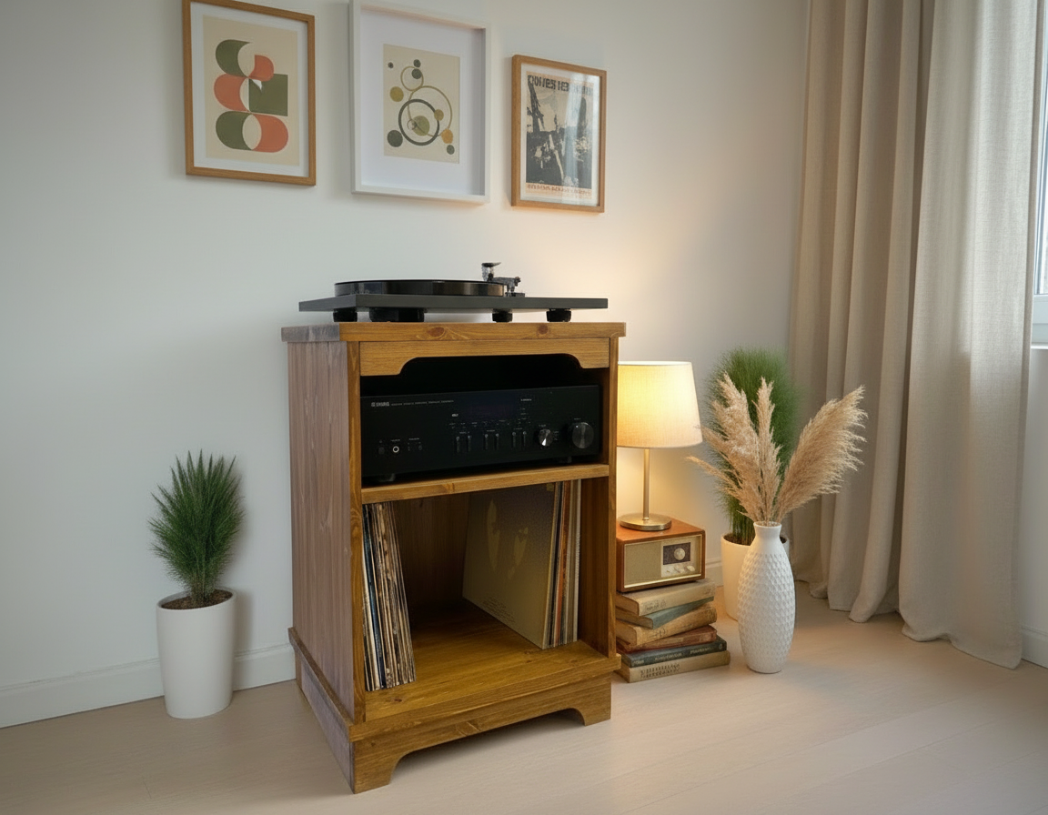 Solid Wood Turntable Stand with Vinyl Storage & Hi-Fi Shelf – Custom Colours, UK-Made
