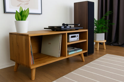 Round Wooden Record Player Stand with Shelves | Handmade Vinyl Storage Cabinet