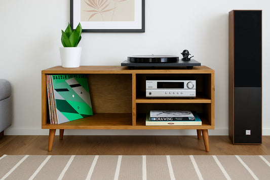 Round Wooden Record Player Stand with Shelves | Handmade Vinyl Storage Cabinet