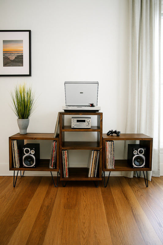 Rustic Industrial Record Player Stand & Vinyl Cabinet | Solid Wood Music Unit